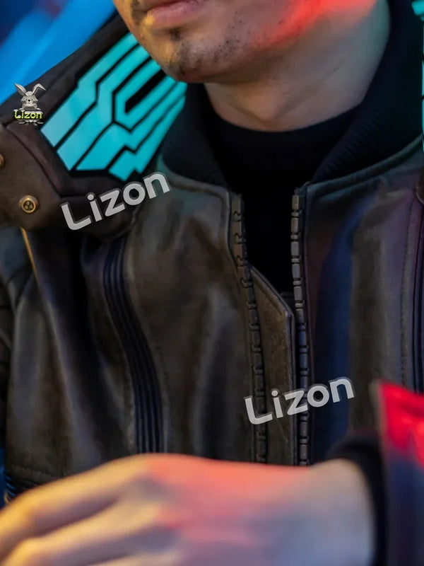 Close-up of the LED collar on the Cyberpunk 2077 faux leather jacket.