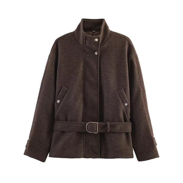 Women's belted autumn jacket with elegant turtleneck and timeless design
