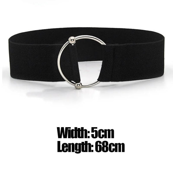 Chic round buckle women's elastic waist belt in neutral color, perfect for enhancing any outfit with style and comfort.