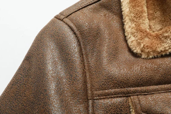 Premium men's suede leather winter jacket with turn-down collar, zipper closure, and stylish design for cold weather.
