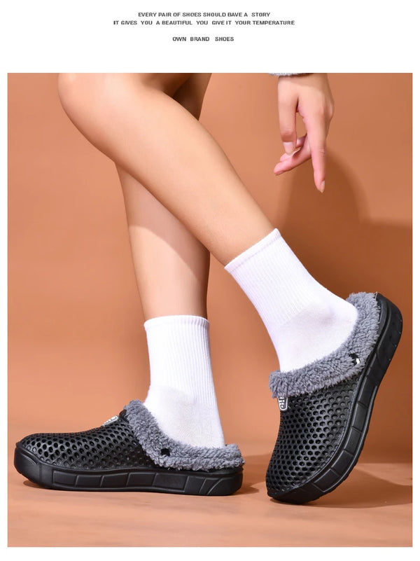 Close-up texture of durable cotton exterior on winter clogs