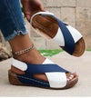 Beige wedge heel sandals with peep toe and easy hook and loop closure