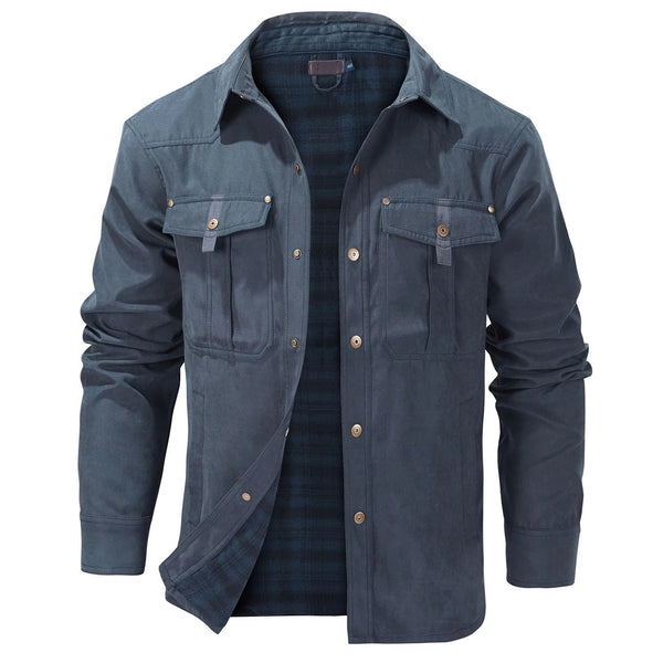Men's Western Flannel-Lined Casual Jacket with metal buttons, multiple pockets, and soft flannel lining for cool weather comf