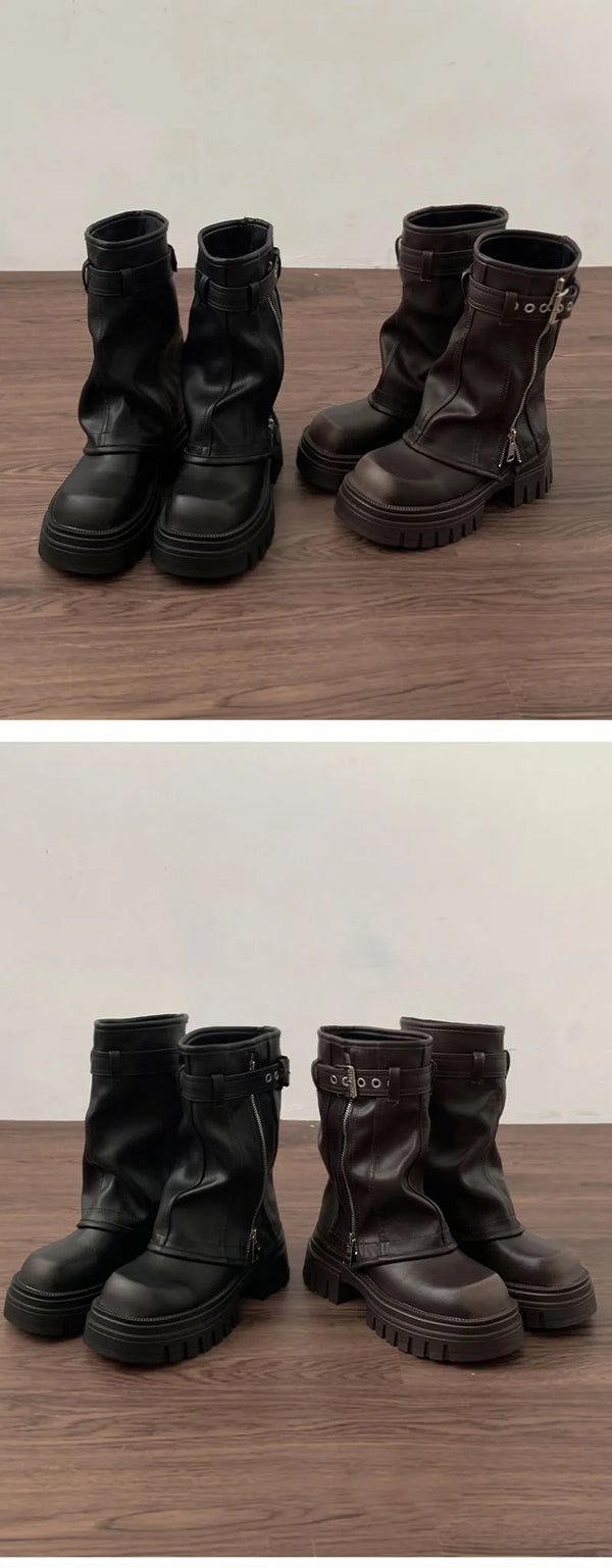 Chic women's mid-calf biker boots with buckle detail, cozy plush lining, and durable rubber sole for stylish winter wear.