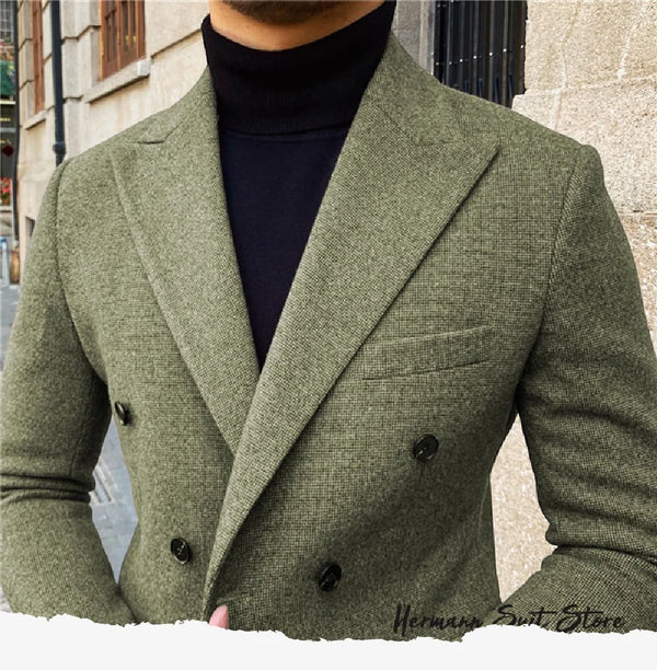 Elegant men’s 2-piece double-breasted suit set in premium polyester for autumn and winter business attire and formal events.