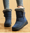 Chic women's waterproof winter boots with plush lining, low heel, and hook-and-loop closure for stylish cold weather comfort.