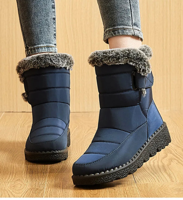 Chic women's waterproof winter boots with plush lining, low heel, and hook-and-loop closure for stylish cold weather comfort.