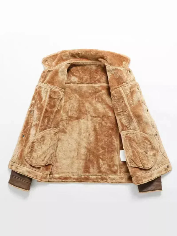 Premium men's suede leather winter jacket with turn-down collar, zipper closure, and regular fit for stylish warmth.