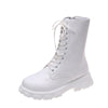 Chic white ankle boots with chunky heel, lace-up closure, and durable PU leather for stylish fall/winter wear.
