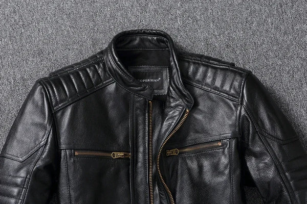 Premium men's leather biker jacket in rich brown with stand collar, crafted from durable first-layer calfskin leather.