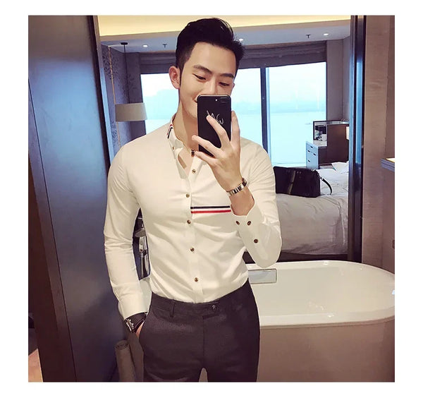 Elegant men's slim-fit dress shirt in solid color, perfect for spring, featuring a turn-down collar and long sleeves.