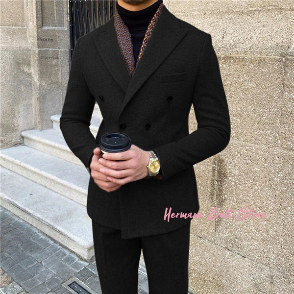 Elegant men’s 2-piece double-breasted suit set in premium polyester for autumn and winter business attire and formal events.