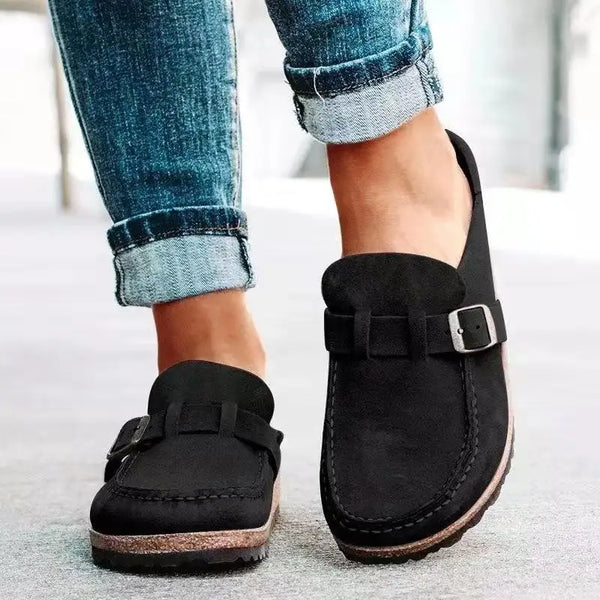 Vintage-style buckle mules with cushioned footbed and true-to-size fit for modern women