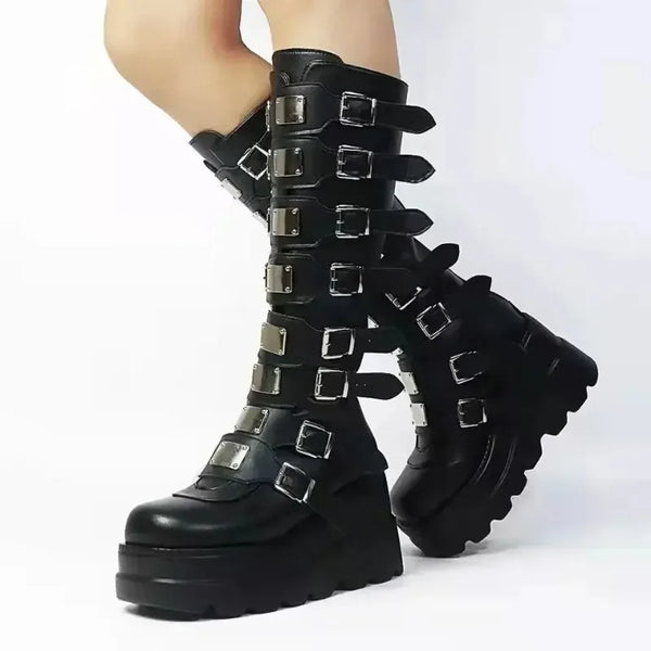 Gothic knee-high platform boots for women with wedge heel, buckle closure, perfect for Halloween, cosplay, and edgy fashion.