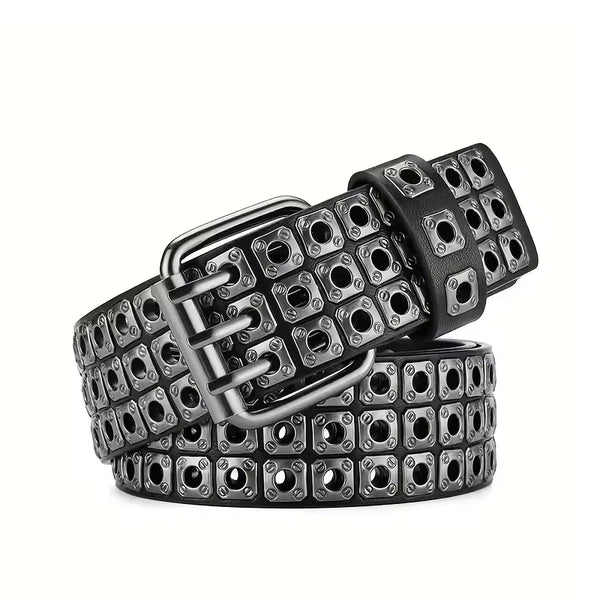 Unisex punk belt with square beads and triple grommets, adjustable PU leather for edgy style and versatile fashion.
