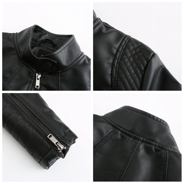 Chic women's slim leather biker jacket with zip detail, stand-up collar, and tailored fit for a stylish urban look.
