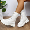 Chic white ankle boots with chunky heel, lace-up closure, and durable PU leather for stylish fall/winter outfits.