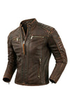 Premium men's leather biker jacket in rich brown with stand collar, crafted from durable first-layer calfskin leather.