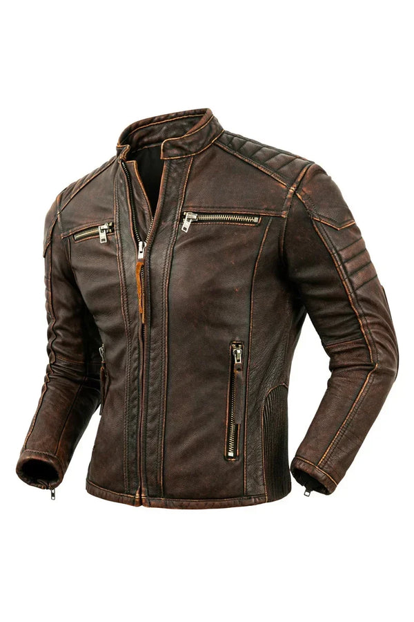 Premium men's leather biker jacket in rich brown with stand collar, crafted from durable first-layer calfskin leather.