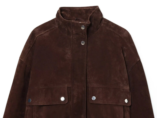 Regular-fit brown jacket featuring turtleneck design and functional oversized pockets