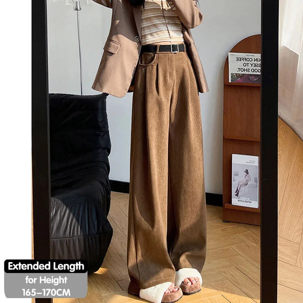 Detail shot of corduroy ridge texture and quality fabric construction on wide leg pants