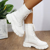 Chic white ankle boots with chunky heel, lace-up closure, and durable PU leather for stylish fall/winter outfits.