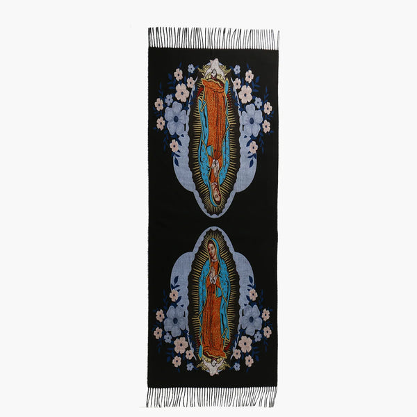 Faith fashion scarf with Virgin Mary design, crafted from soft polyester for a gentle embrace.