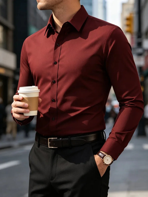 Premium broadcloth dress shirt featuring advanced anti-pilling treatment preventing fabric fuzzing