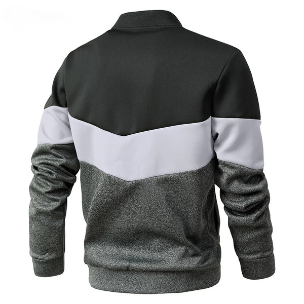 Men's trendy color block bomber jacket in US sizes, perfect for all-season wear and stylish casual outfits.