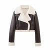 Chic cropped leather and wool blend jacket for women with fur trim, zipper closure, and turn-down collar, perfect for fall an