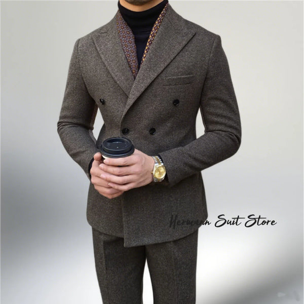 Elegant men's 2-piece double-breasted suit set in premium polyester for autumn and winter business attire and formal events.