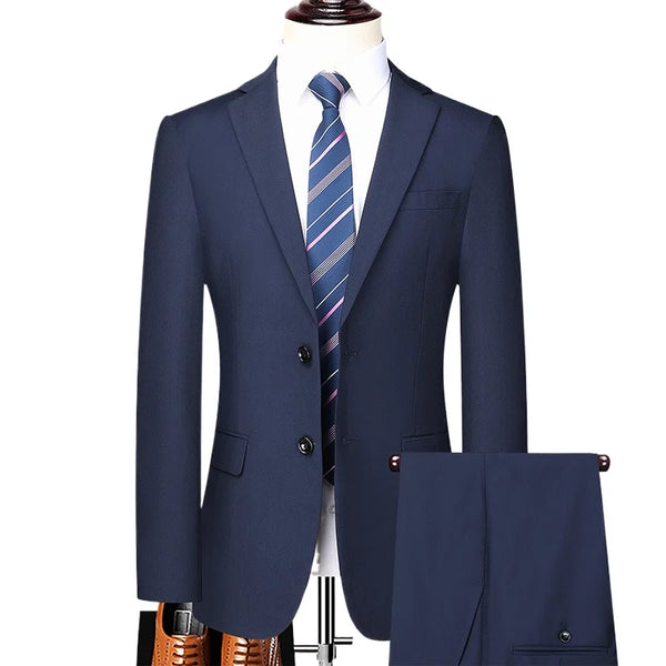Elegant men's formal suit in navy blue, slim fit blazer and trousers set.