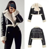 Chic cropped leather and wool blend jacket for women with fur trim, zipper closure, and turn-down collar, perfect for autumn
