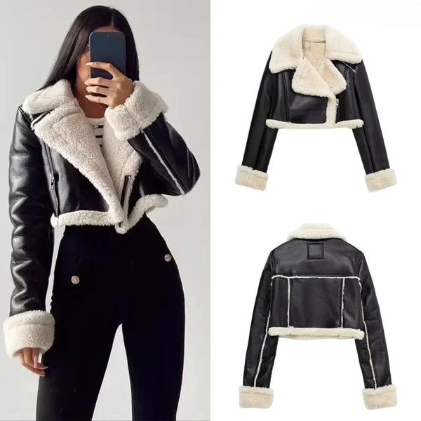 Chic cropped leather and wool blend jacket for women with fur trim, zipper closure, and turn-down collar, perfect for autumn