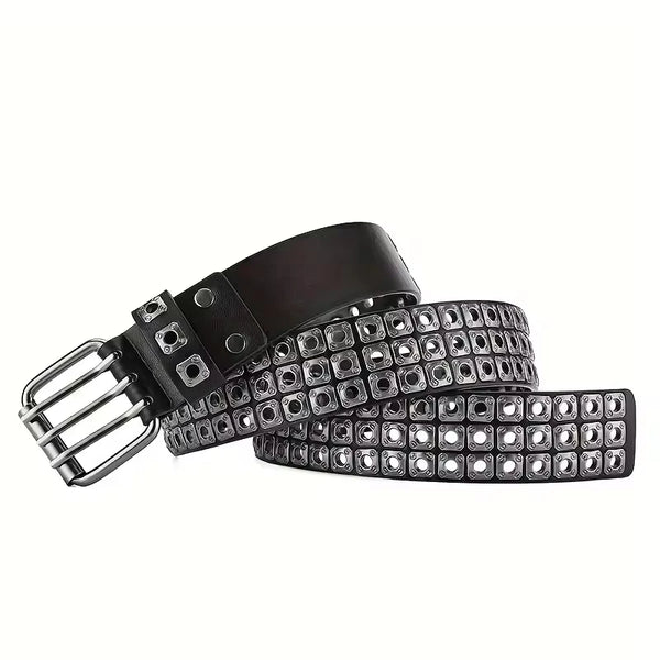 Unisex punk belt with square beads and triple grommets, perfect for edgy fashion and versatile styling for men and women.