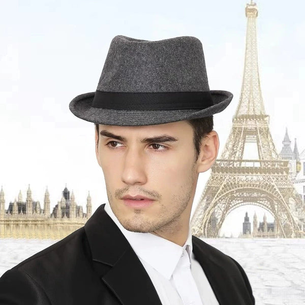 Sleek black fedora hat for men, ideal for both casual and formal attire.