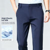 Professional wearing navy stretch pants transitioning from meeting to coffee run