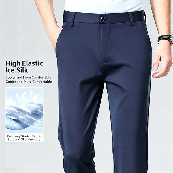 Professional wearing navy stretch pants transitioning from meeting to coffee run
