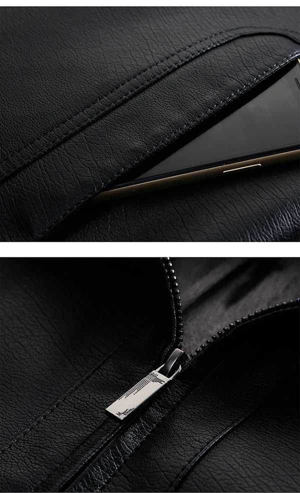 Classic goatskin leather jacket for men, lightweight, stylish, with stand collar and zipper, perfect for autumn and spring.