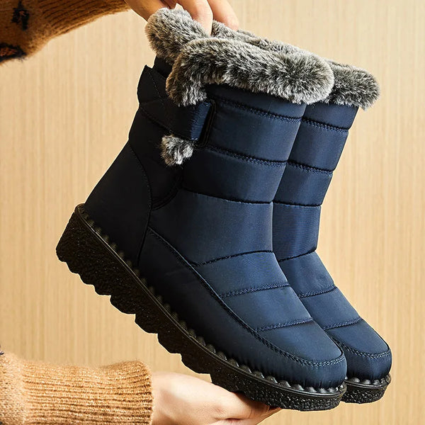 Chic women's waterproof winter boots with plush lining, low heel, and durable design for stylish cold-weather comfort.