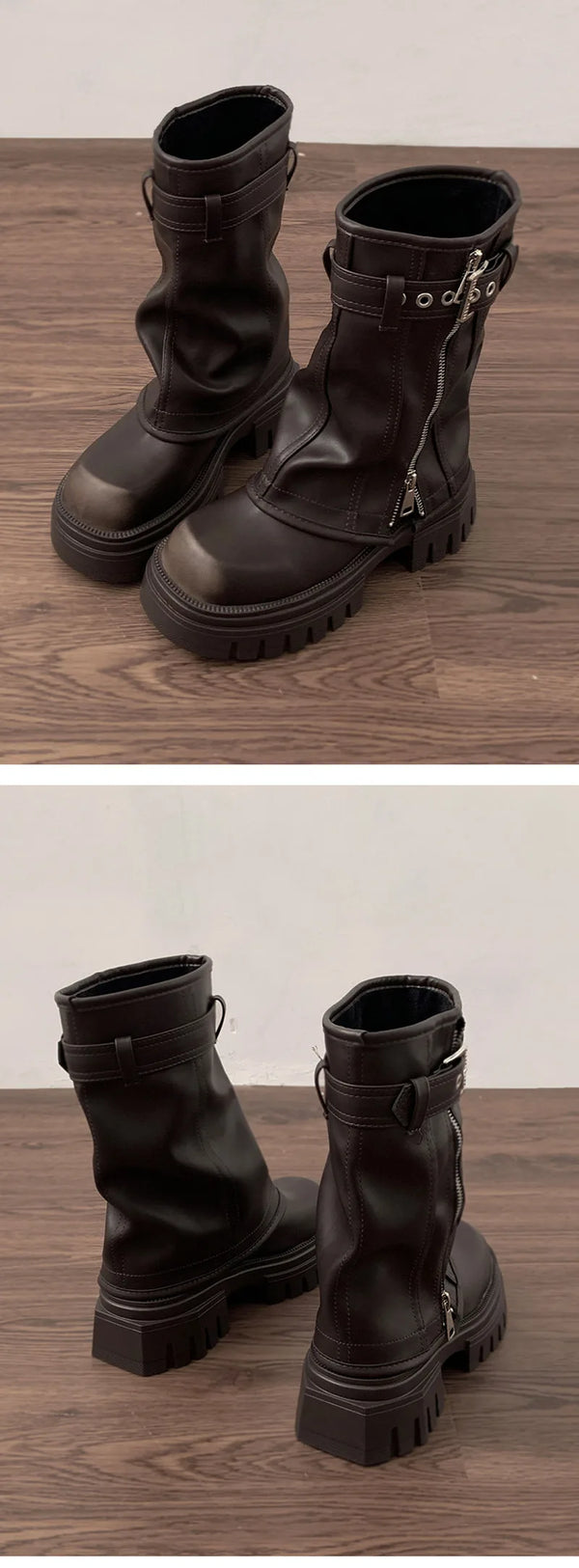 Chic women's mid-calf biker boots with buckle detail, cozy plush lining, and durable rubber sole for stylish winter wear.