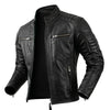 Premium men's leather biker jacket in rich brown with stand collar, crafted from durable first-layer calfskin leather.