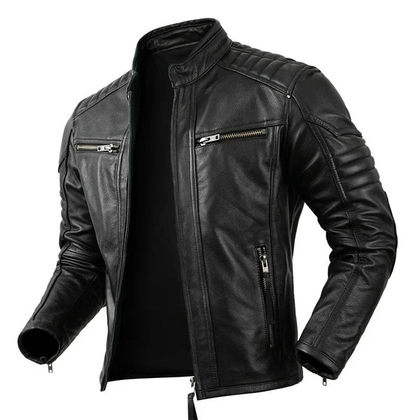 Premium men's leather biker jacket in rich brown with stand collar, crafted from durable first-layer calfskin leather.