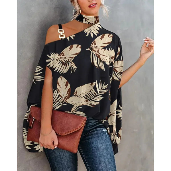Elegant floral print blouse with batwing sleeves, halter collar, perfect for casual or office wear, made from soft cotton ble