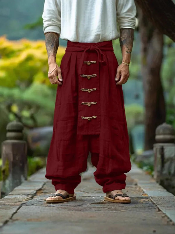 Loose fit cotton linen pants with decorative waist ties and breathable fabric
