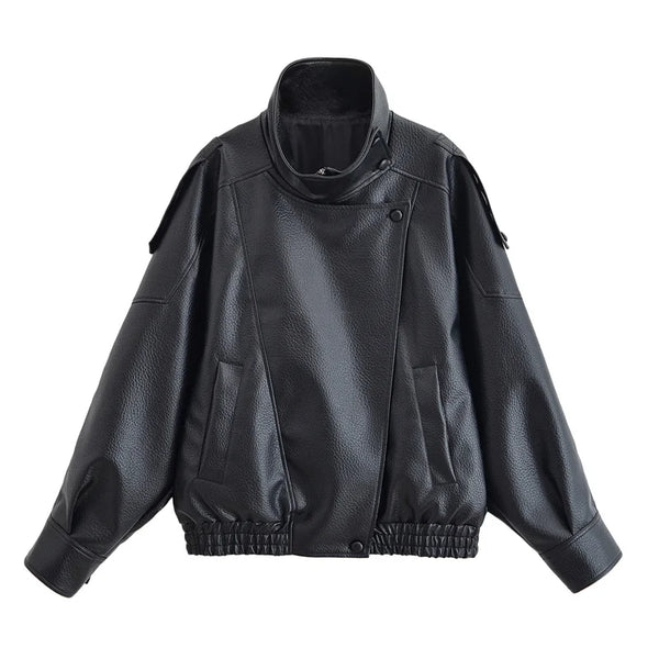 Chic black faux leather moto jacket for women, perfect for autumn evenings and stylish casual wear. Durable and trendy design