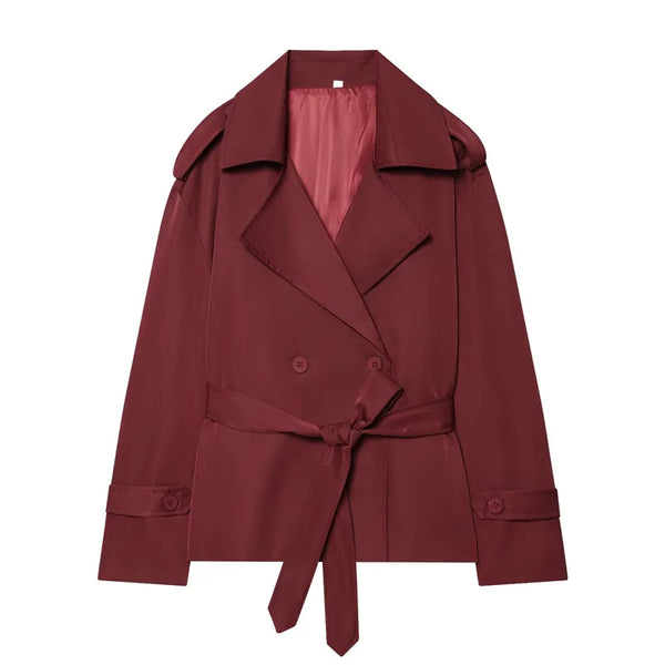 Belted Short Trench Coat with Double-Breasted Detail