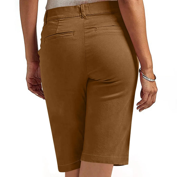 Straight leg cargo shorts with button closure and high waistline detail