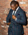 Flat-front trousers of the elegant plaid men's suit, featuring a button fly closure.