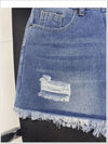Ripped jean shorts with frayed edges and classic button closure for everyday wear